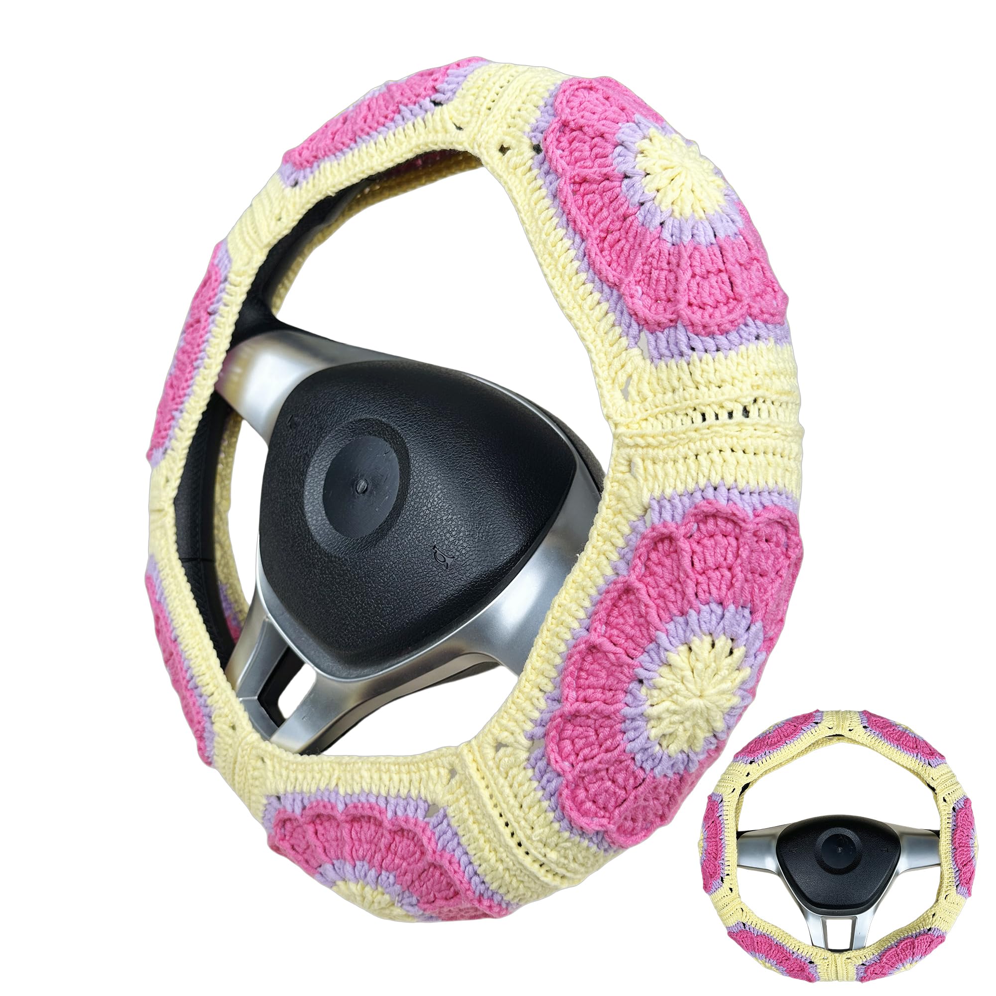 Handmade Crochet  Pink and Yellow cute flower Steering Wheel Covers Universal 14-15 inch for Women and Men,New Car Gift,Handmade Gift