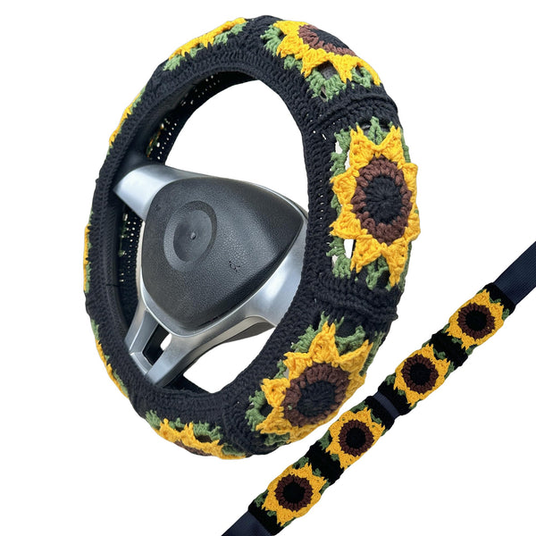 Handmade Crochet  Vintage green Sunflower Steering Wheel Covers Universal 14-15 inch for Women and Men,New Car Gift,Handmade Gift