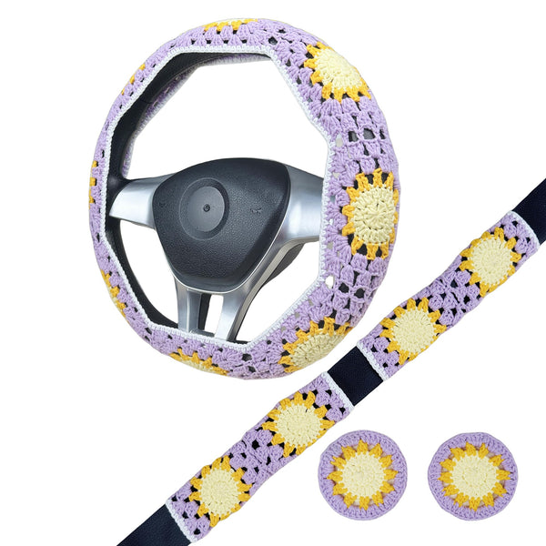 Handmade Crochet Purple Sun Steering Wheel Cover for Women Girl, Cute Flower Seat Belt Cover, Car Interior Accessories Decorations,new car gift