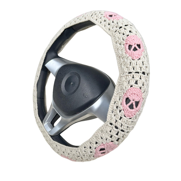 Handmade Crochet  Pink Skull Steering Wheel Covers Universal 14-15 inch for Women and Men,New Car Gift,Handmade Gift