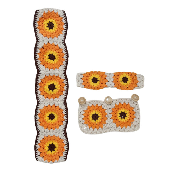 Handmade Crochet vintage orange sunflower Steering Wheel Cover for Women Girl, Cute Colorful Flower Seat Belt Cover, Car Interior Accessories Decorations.