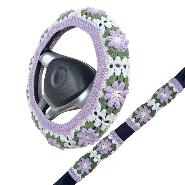 Handmade Crochet  Green and Purple flower Steering Wheel Covers Universal 14-15 inch for Women and Men,New Car Gift,Handmade Gift,Gift for her