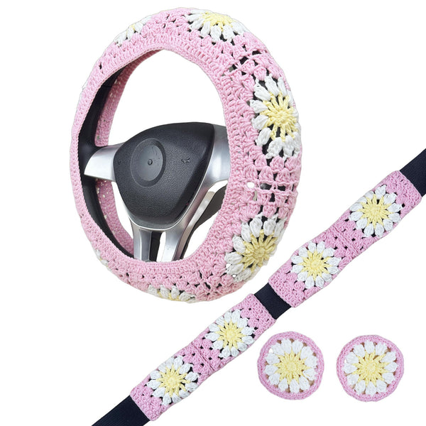 Handmade Crochet pink sunflowe Steering Wheel Cover for Women Girl, Cute Colorful Flower Seat Belt Cover, Car Interior Accessories Decorations.
