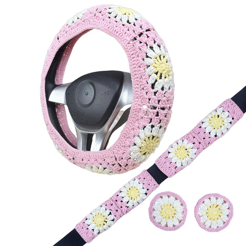 Handmade Crochet pink sunflowe Steering Wheel Cover for Women Girl, Cute Colorful Flower Seat Belt Cover, Car Interior Accessories Decorations.