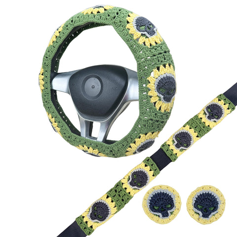 Handmade Crochet gothic skull sunflower Steering Wheel Cover for Women Girl, Cute Colorful Flower Seat Belt Cover, Car Interior Accessories Decorations.