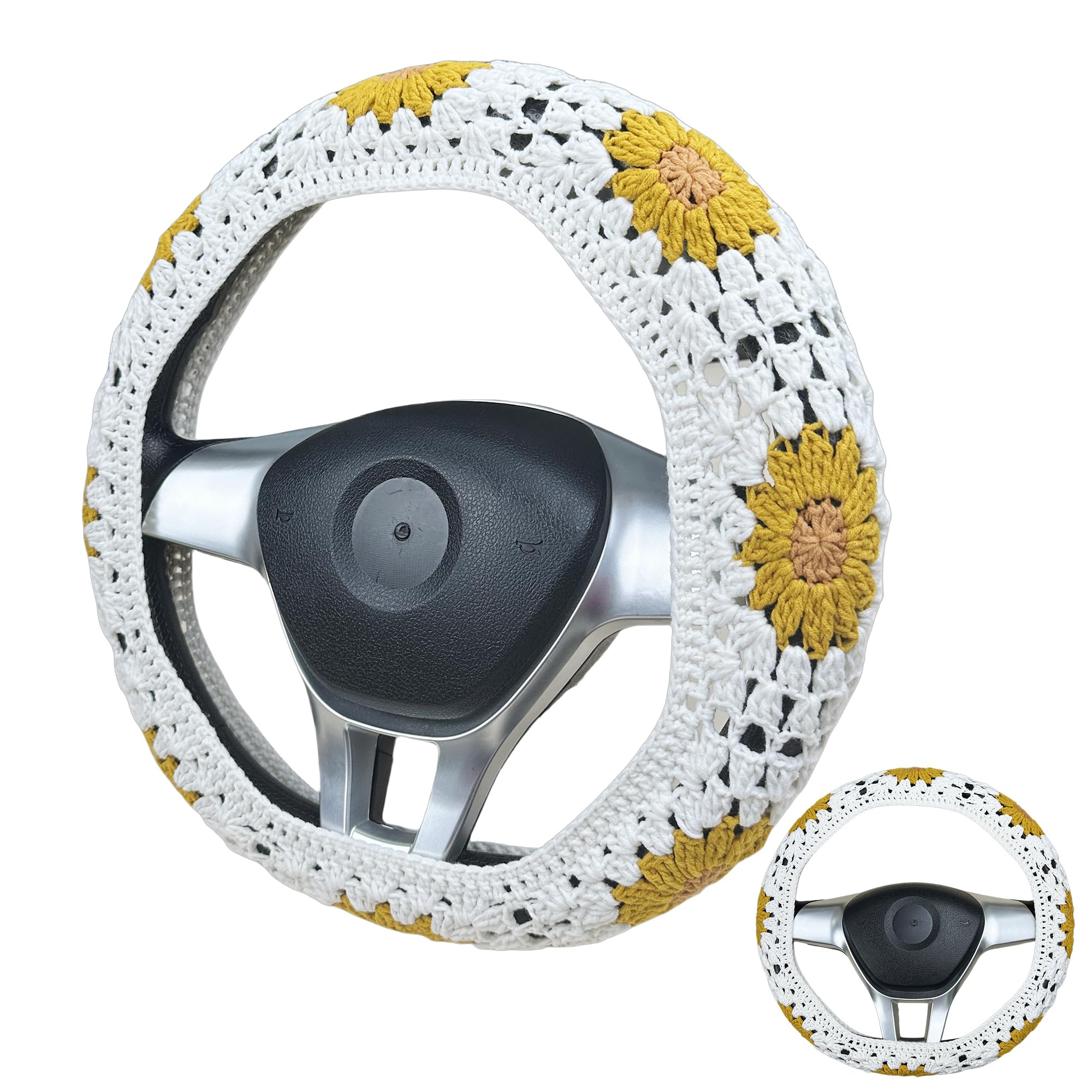 Handmade yellow flower Crochet Steering Wheel Cover for Women Girl, Cute Colorful Flower Seat Belt Cover, Car Interior Accessories Decorations.