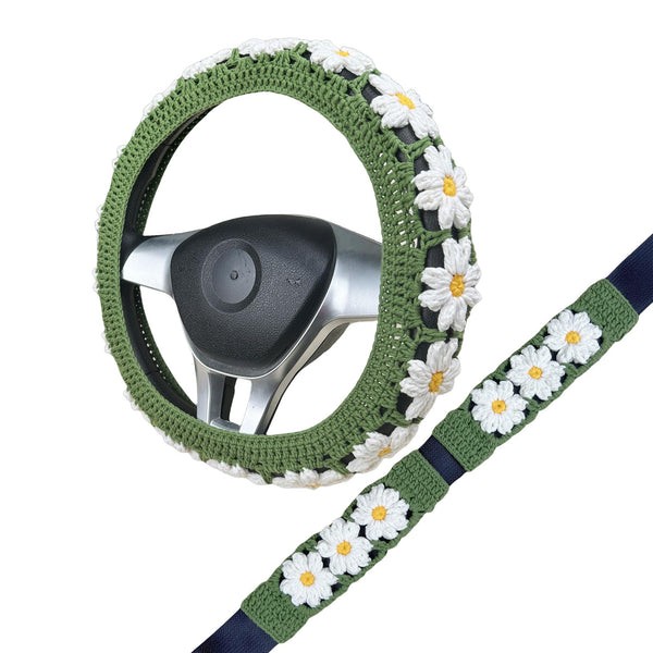 Handmade Crochet white daisy Steering Wheel Cover for Women Girl, Cute Colorful Flower Seat Belt Cover, Car Interior Accessories Decorations.