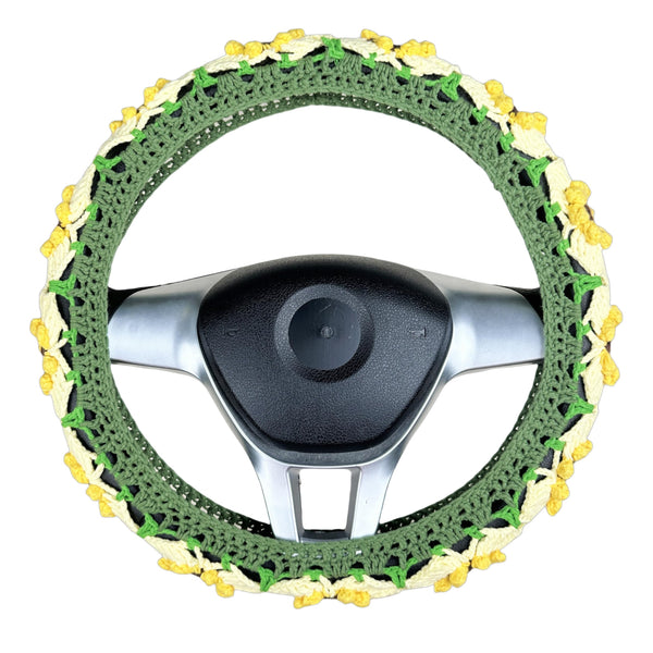 Handmade Crochet green and yellow daisy Steering Wheel Cover for Women Girl, Cute Flower Seat Belt Cover, Car Interior Accessories Decorations,new car gift