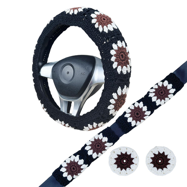 Handmade Crochet Brown sunflower Steering Wheel Cover for Women Girl, Cute Flower Seat Belt Cover, Car Interior Accessories Decorations,new car gift