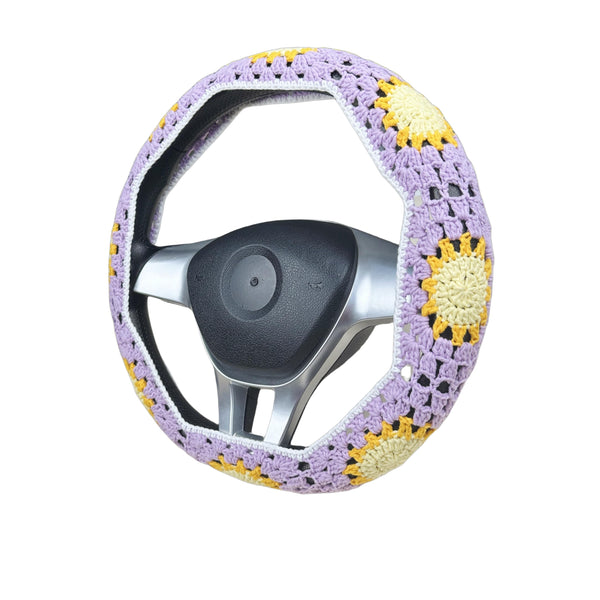 Handmade Crochet Purple Sun Steering Wheel Cover for Women Girl, Cute Flower Seat Belt Cover, Car Interior Accessories Decorations,new car gift