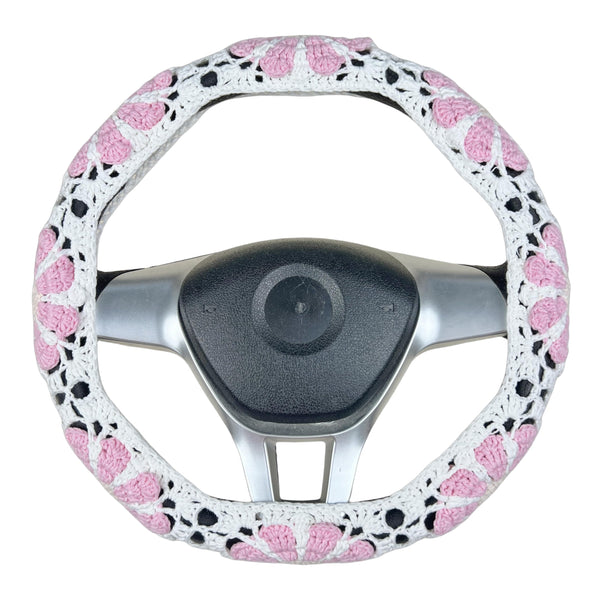 Handmade Crochet Pink daisy Steering Wheel Cover for Women Girl, Cute Colorful Flower Seat Belt Cover, Car Interior Accessories Decorations.