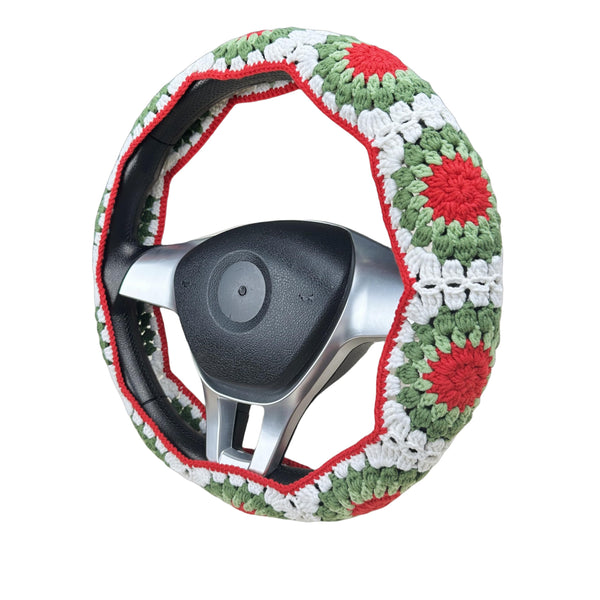 Handmade Crochet Christmas color Steering Wheel Cover for Women Girl, Cute Flower Seat Belt Cover, Car Interior Accessories Decorations,new car gift