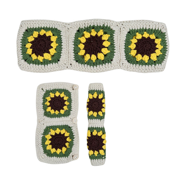 Handmade Crochet cute green Sunflower Steering Wheel Cover for Women Girl, Cute Colorful Flower Seat Belt Cover, Car Interior Accessories Decorations.