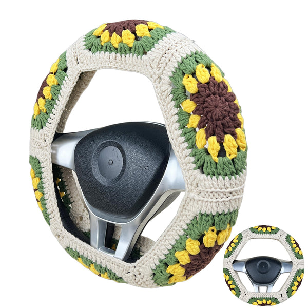 Handmade Crochet cute green Sunflower Steering Wheel Cover for Women Girl, Cute Colorful Flower Seat Belt Cover, Car Interior Accessories Decorations.