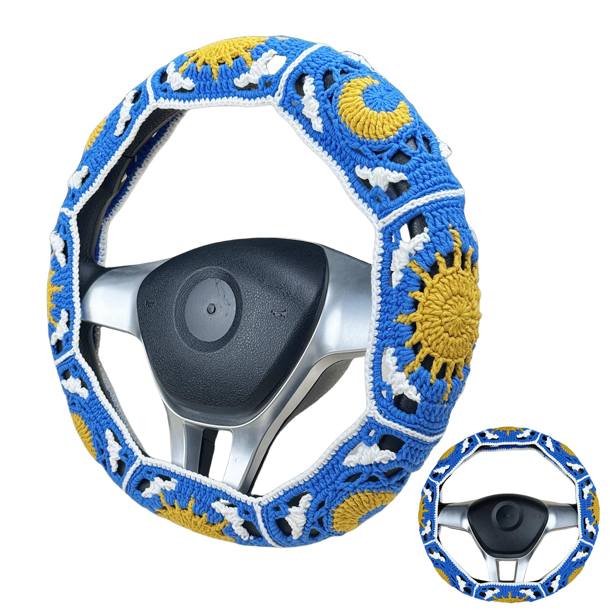 Handmade Crochet Deep blue sun and moon Steering Wheel Cover for Women Girl, Cute Flower Seat Belt Cover, Car Interior Accessories Decorations,new car gift
