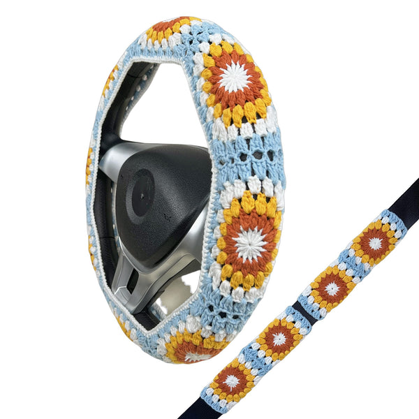 Handmade Crochet light blue sunflower Steering Wheel Covers Universal 14-15 inch for Women and Men