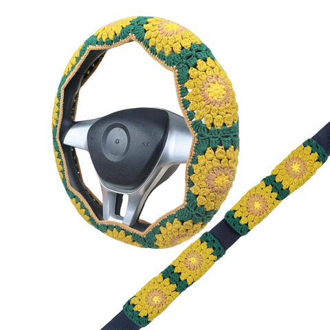 Handmade Crochet Green and yellow sunflower Steering Wheel Cover for Women Girl, Cute Colorful Flower Seat Belt Cover, Car Interior Accessories Decorations.
