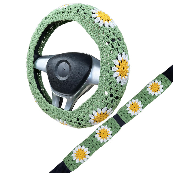 Handmade Crochet  Green daisy flower Steering Wheel Covers Universal 14-15 inch for Women and Men,New Car Gift,Handmade Gift,Gift for her