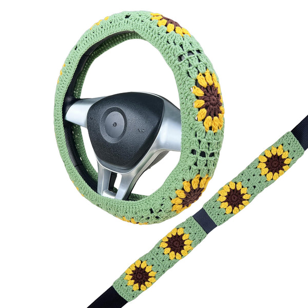Handmade Crochet Green yellow sunflower  Steering Wheel Cover for Women Girl, Cute Colorful Flower Seat Belt Cover, Car Interior Accessories Decorations.