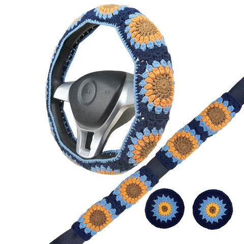 Handmade Crochet vintage blue Steering Wheel Cover for Women Girl, Cute Colorful Flower Seat Belt Cover, Car Interior Accessories Decorations.