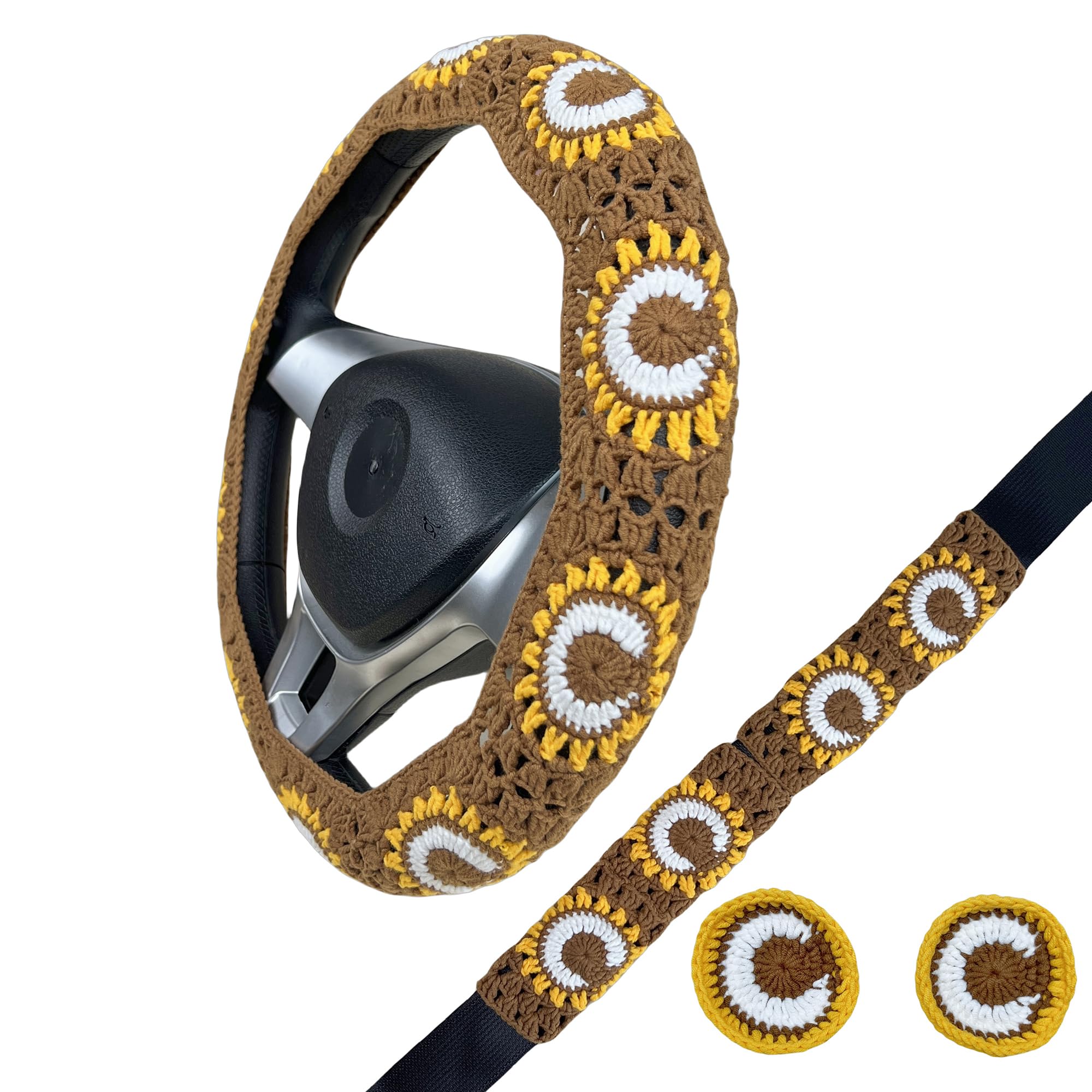 Handmade Crochet Vintage Moon and sun  Steering Wheel Covers Universal 14-15 inch for Women and Men