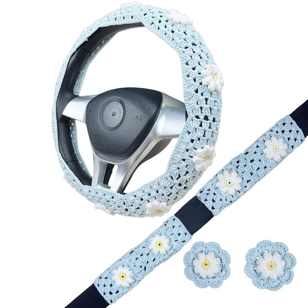 Handmade Crochet Light blue daisy Steering Wheel Cover for Women Girl, Cute Flower Seat Belt Cover, Car Interior Accessories Decorations,new car gift