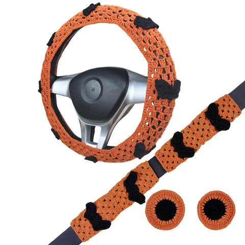 Handmade halloween Crochet Bat Steering Wheel Cover for Women Girl, Cute Flower Seat Belt Cover, Car Interior Accessories Decorations,new car gift