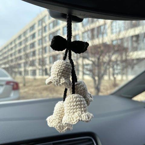 Crochet White Cute Lily Car Accessories Hanging Ornament   and Pendant for Car Rear View Mirror Interior Decoration