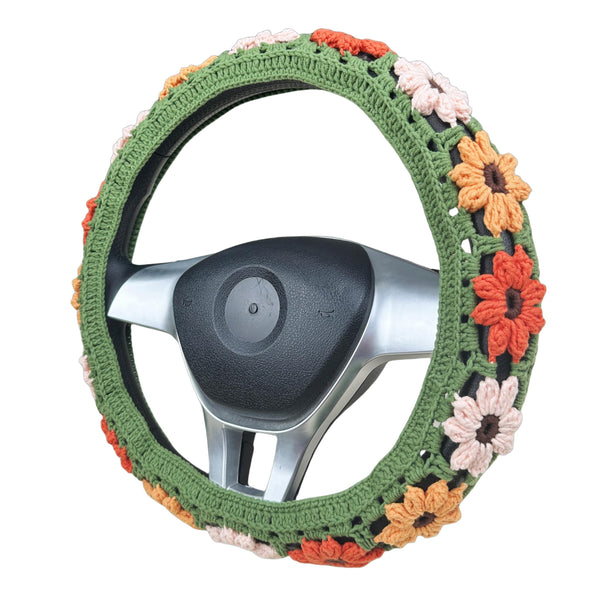 Handmade Crochet Muticolor flower Steering Wheel Cover for Women Girl, Cute Flower Seat Belt Cover, Car Interior Accessories Decorations,new car gift