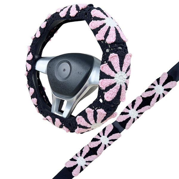 Handmade Crochet black pink daisy  Steering Wheel Cover for Women Girl, Cute Colorful Flower Seat Belt Cover, Car Interior Accessories Decorations.