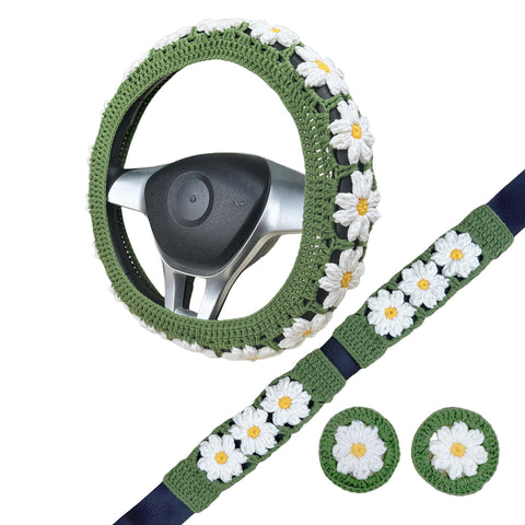 Handmade Crochet white daisy Steering Wheel Cover for Women Girl, Cute Colorful Flower Seat Belt Cover, Car Interior Accessories Decorations.