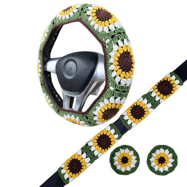 Handmade Crochet  Vintage Green Sunflower Steering Wheel Covers Universal 14-15 inch for Women and Men,New Car Gift,Handmade Gift,Gift for her