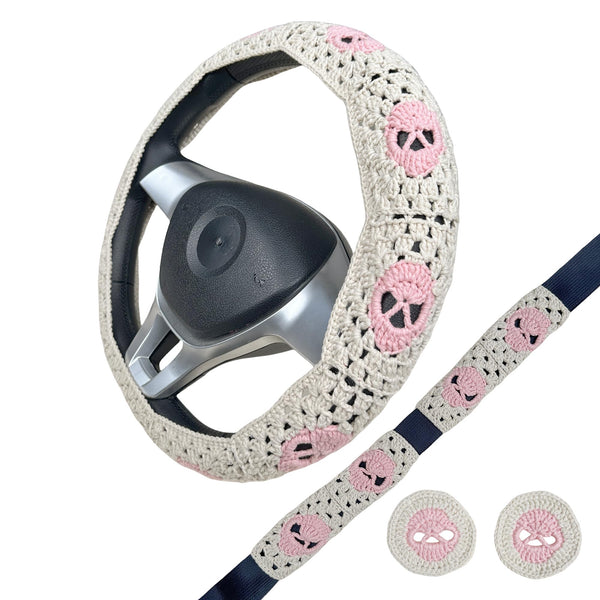 Handmade Crochet  Pink Skull Steering Wheel Covers Universal 14-15 inch for Women and Men,New Car Gift,Handmade Gift