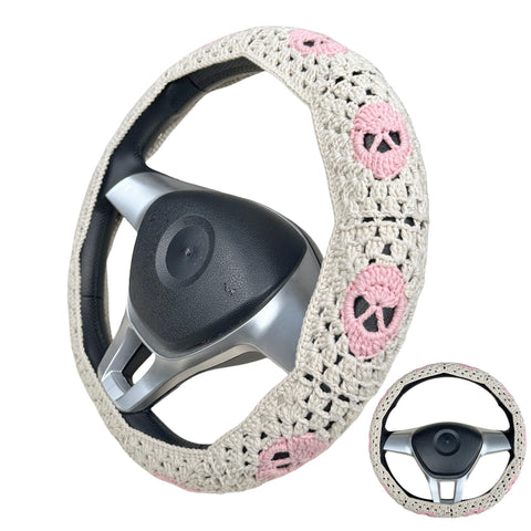 Handmade Crochet  Pink Skull Steering Wheel Covers Universal 14-15 inch for Women and Men,New Car Gift,Handmade Gift