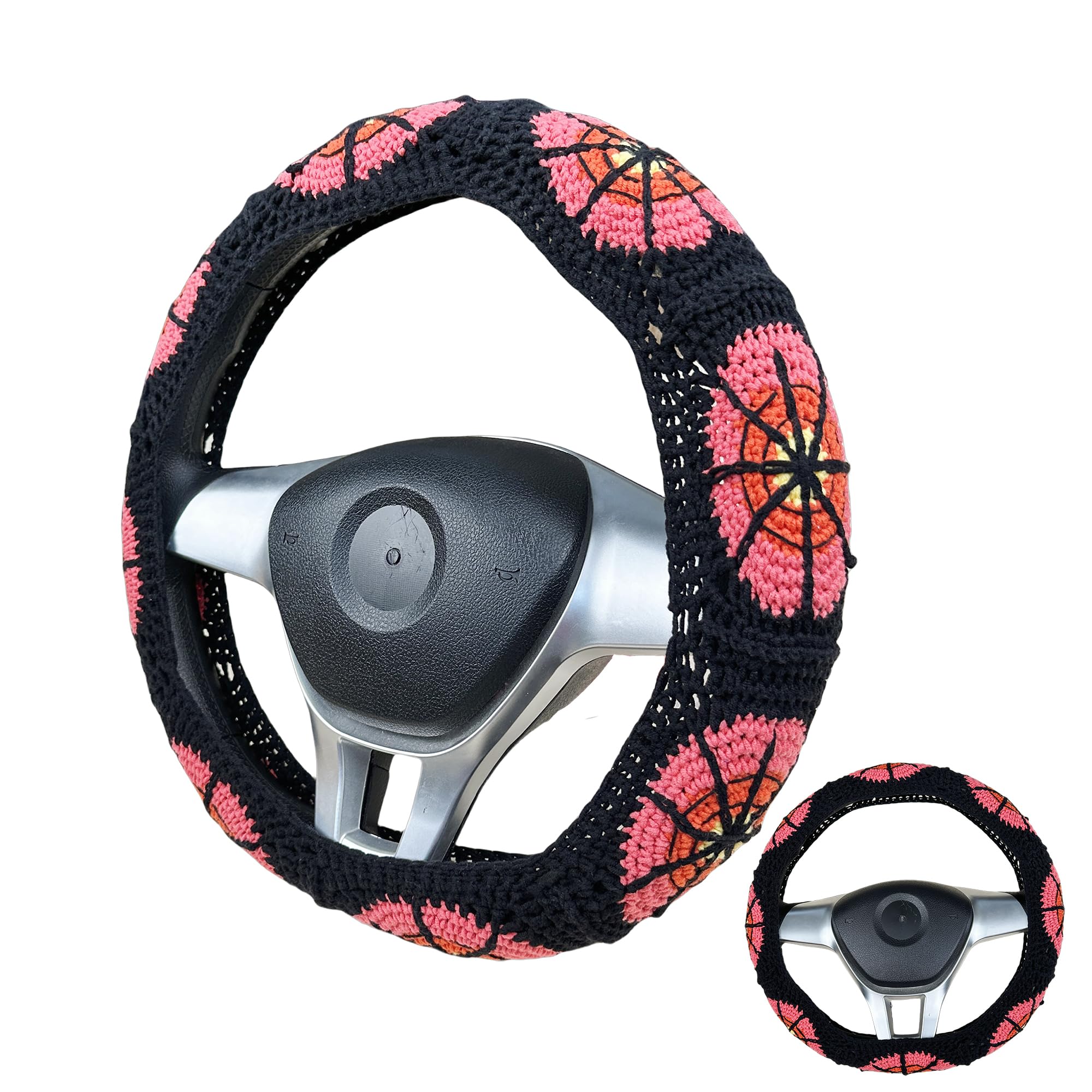 Handmade Crochet Spider web Steering Wheel Cover for Women Girl, Cute Colorful Flower Seat Belt Cover, Car Interior Accessories Decorations.