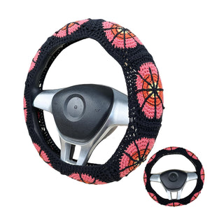 Handmade Crochet Spider web Steering Wheel Cover for Women Girl, Cute Colorful Flower Seat Belt Cover, Car Interior Accessories Decorations.