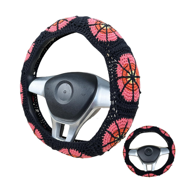 Handmade Crochet Spider web Steering Wheel Cover for Women Girl, Cute Colorful Flower Seat Belt Cover, Car Interior Accessories Decorations.