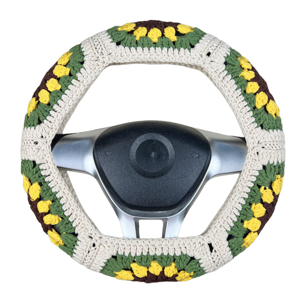 Handmade Crochet cute green Sunflower Steering Wheel Cover for Women Girl, Cute Colorful Flower Seat Belt Cover, Car Interior Accessories Decorations.