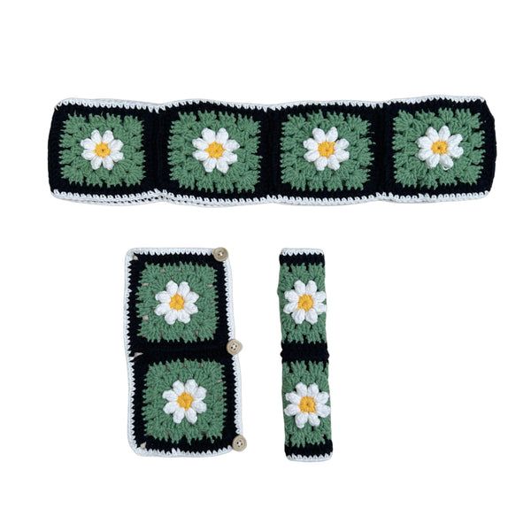 Handmade Crochet Black and Green daisy Steering Wheel Covers Universal 14-15 inch for Women and Men,New Car Gift,Handmade Gift