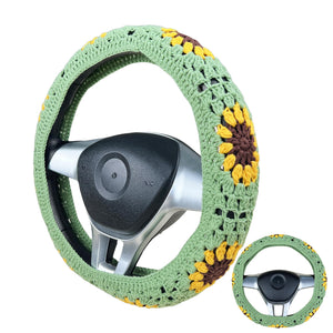 Handmade Crochet Green yellow sunflower  Steering Wheel Cover for Women Girl, Cute Colorful Flower Seat Belt Cover, Car Interior Accessories Decorations.
