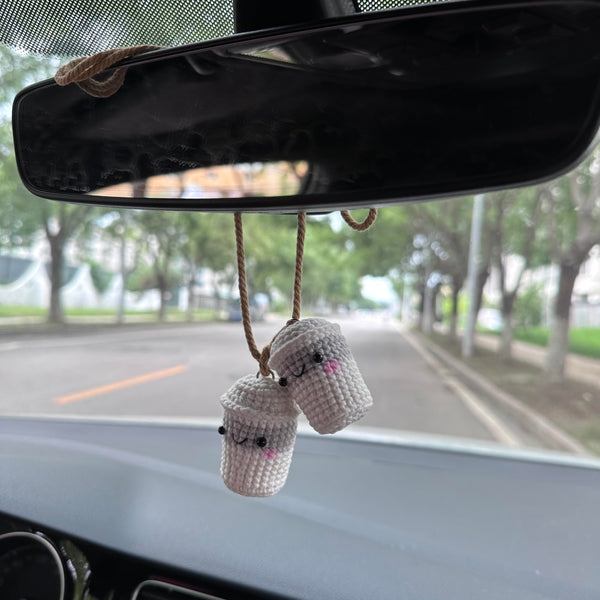 Crochet Two cute cup drink coffee Accessories Hanging Ornament   and Pendant for Car Rear View Mirror Interior Decoration