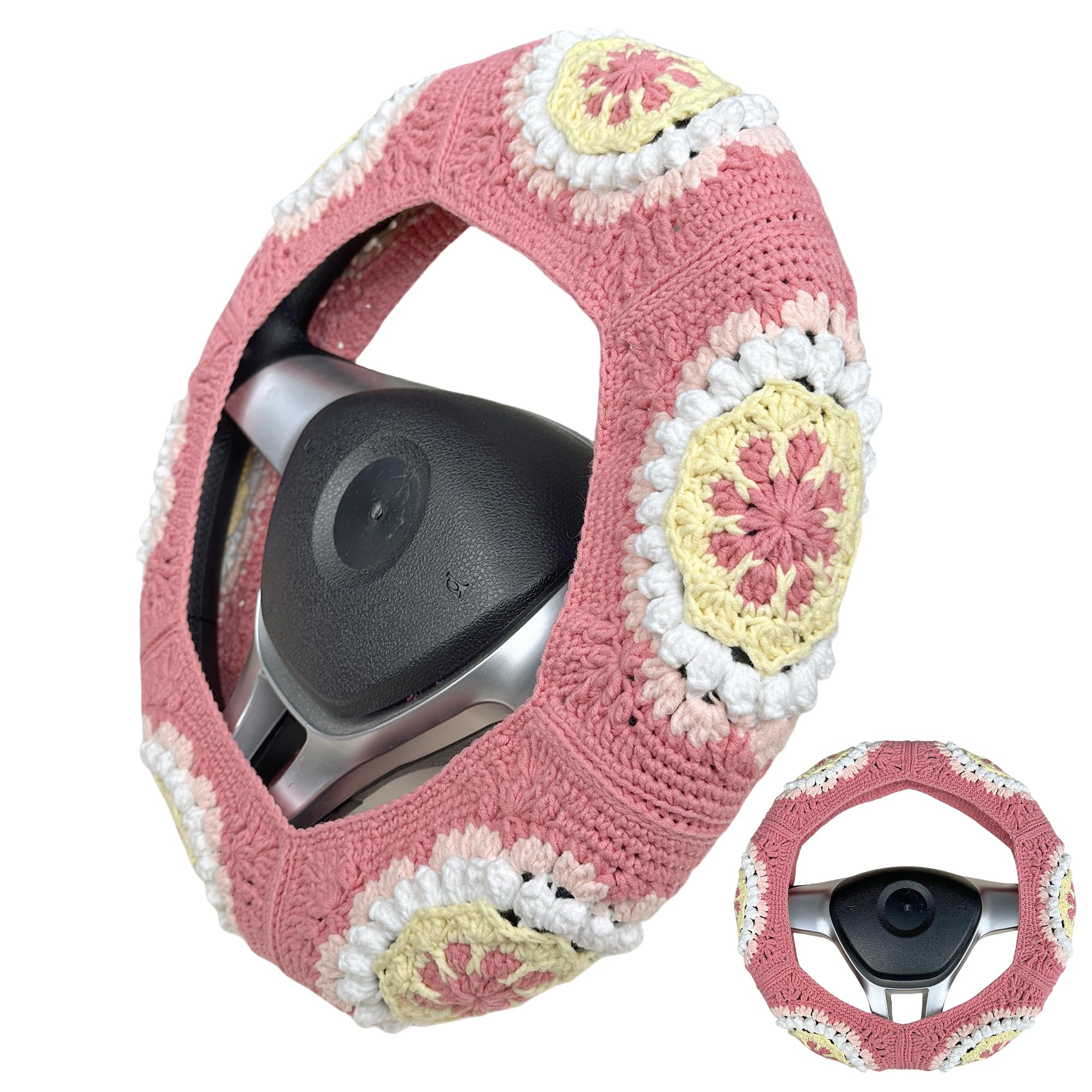 Handmade Crochet Pink Yellow flower Steering Wheel Covers Universal 14-15 inch for Women and Men,New Car Gift,Handmade Gift