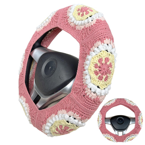 Handmade Crochet Pink Yellow flower Steering Wheel Covers Universal 14-15 inch for Women and Men,New Car Gift,Handmade Gift