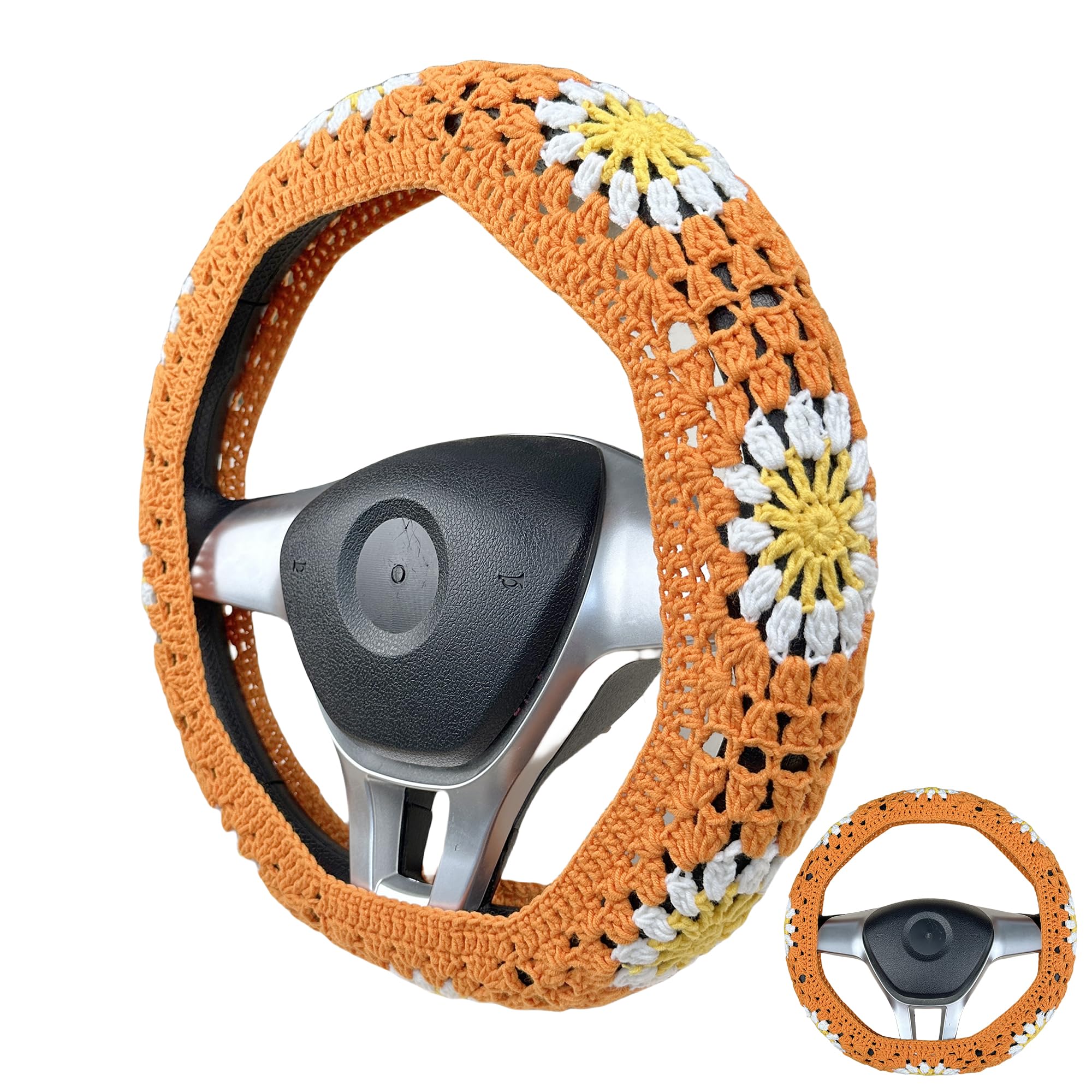 Handmade Crochet  Orange Daisy Steering Wheel Covers Universal 14-15 inch for Women and Men,New Car Gift,Handmade Gift,Gift for her