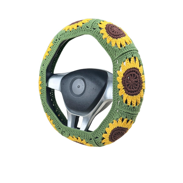 Handmade Crochet Green sunflower Steering Wheel Cover for Women Girl, Cute Flower Seat Belt Cover, Car Interior Accessories Decorations,new car gift