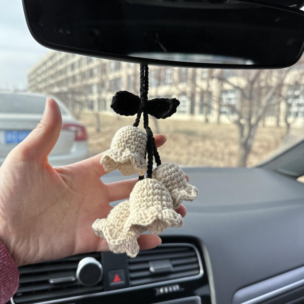 Crochet White Cute Lily Car Accessories Hanging Ornament   and Pendant for Car Rear View Mirror Interior Decoration