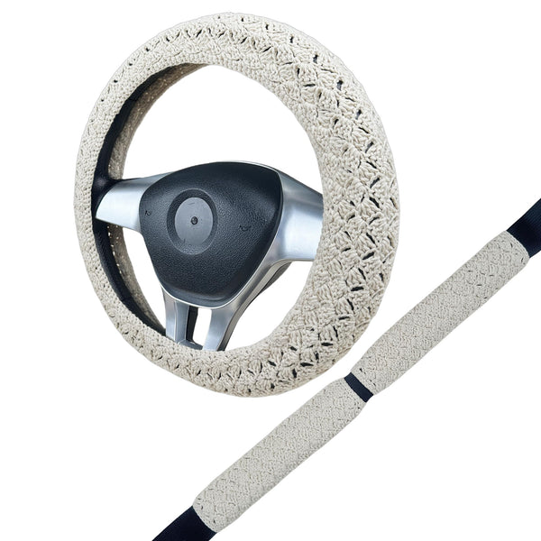 Handmade Crochet white Steering Wheel Cover for Women Girl, Cute Flower Seat Belt Cover, Car Interior Accessories Decorations,new car gift