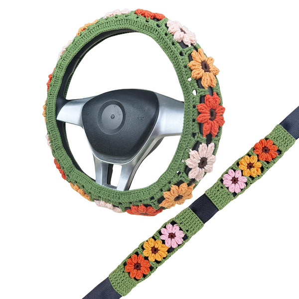 Handmade Crochet Muticolor flower Steering Wheel Cover for Women Girl, Cute Flower Seat Belt Cover, Car Interior Accessories Decorations,new car gift