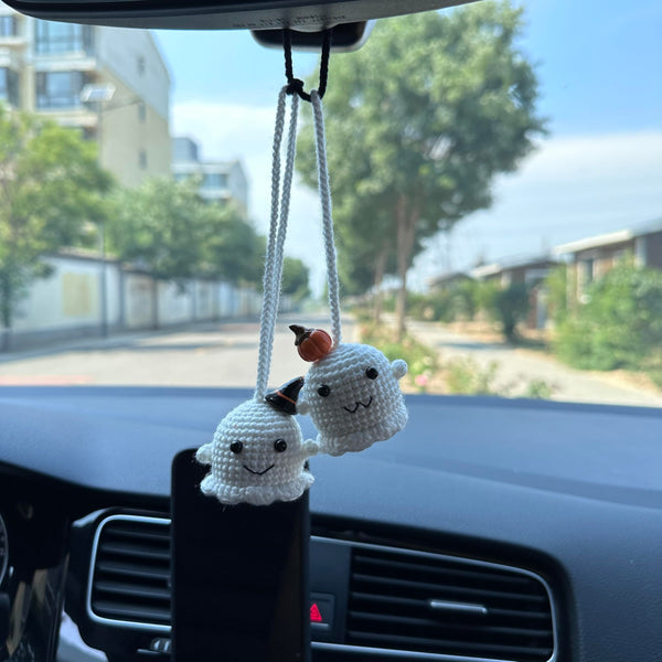 Crochet Halloween Two ghost Car Accessories Hanging Ornament   and Pendant for Car Rear View Mirror Interior Decoration