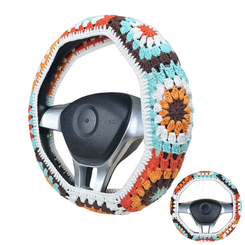 Handmade Crochet vintage multicolor sunflower Steering Wheel Cover for Women Girl, Cute Flower Seat Belt Cover, Car Interior Accessories Decorations,new car gift
